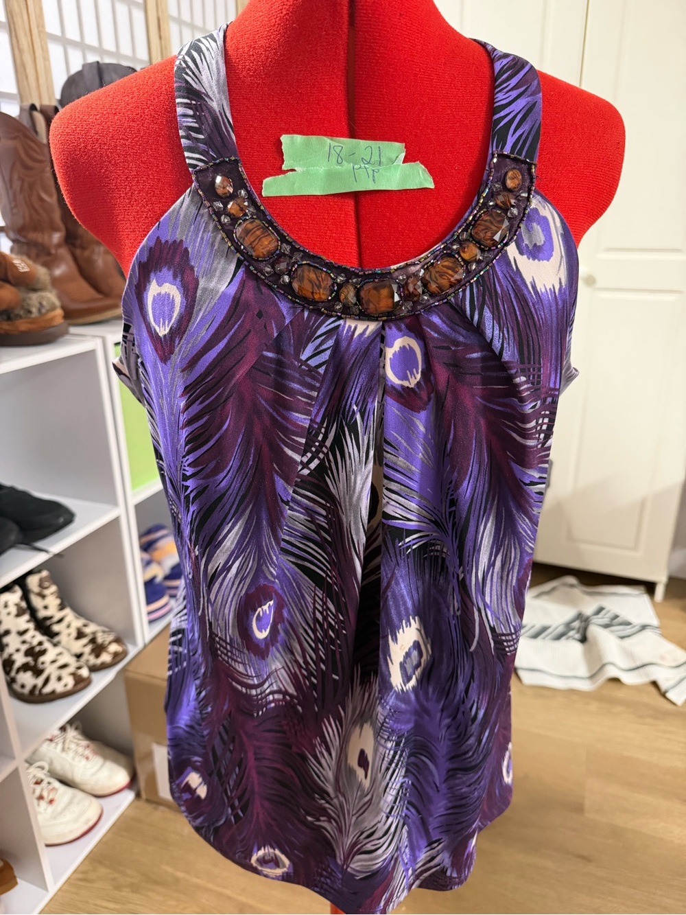 Women’s Purple Peacock-Print Embellished Tank Top